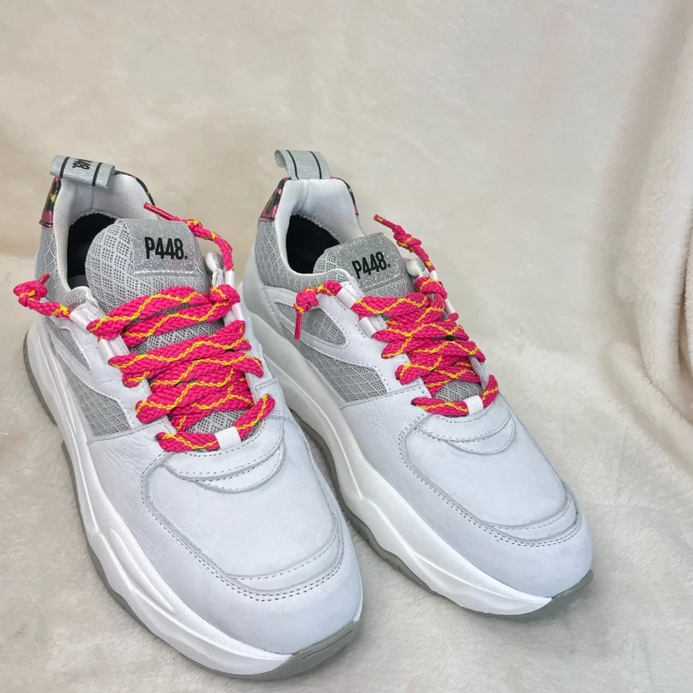 P448 Luke White and Pink Leopard Chunky Trainer Sneakers 39 EU, ( E 538)‎